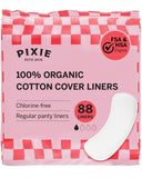 Pixie Cup frente del paquete mostrando 88 protectores y beneficios hipoalergénicos