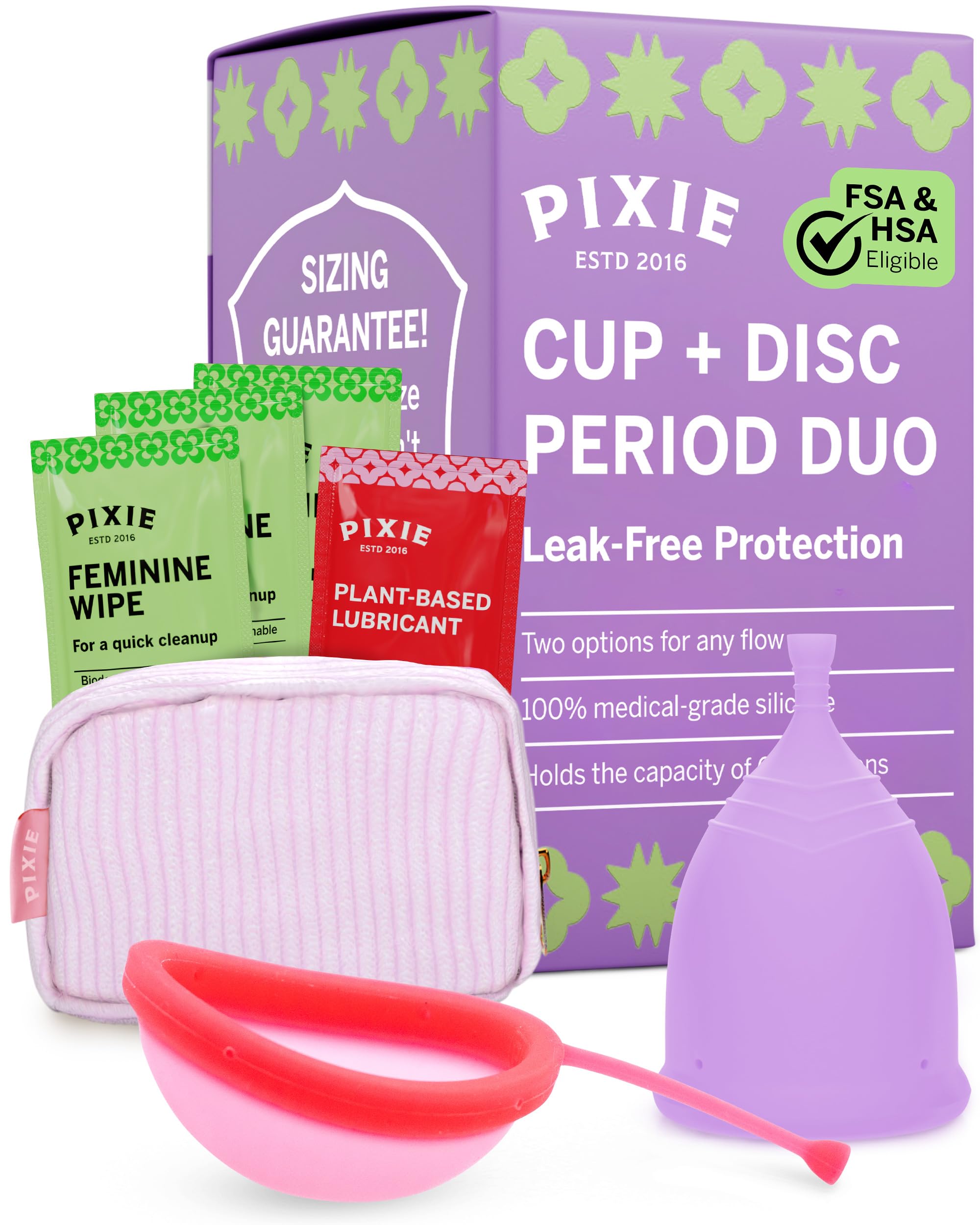 Pixie Cup frontal del paquete mostrando todo el kit y beneficios reutilizables