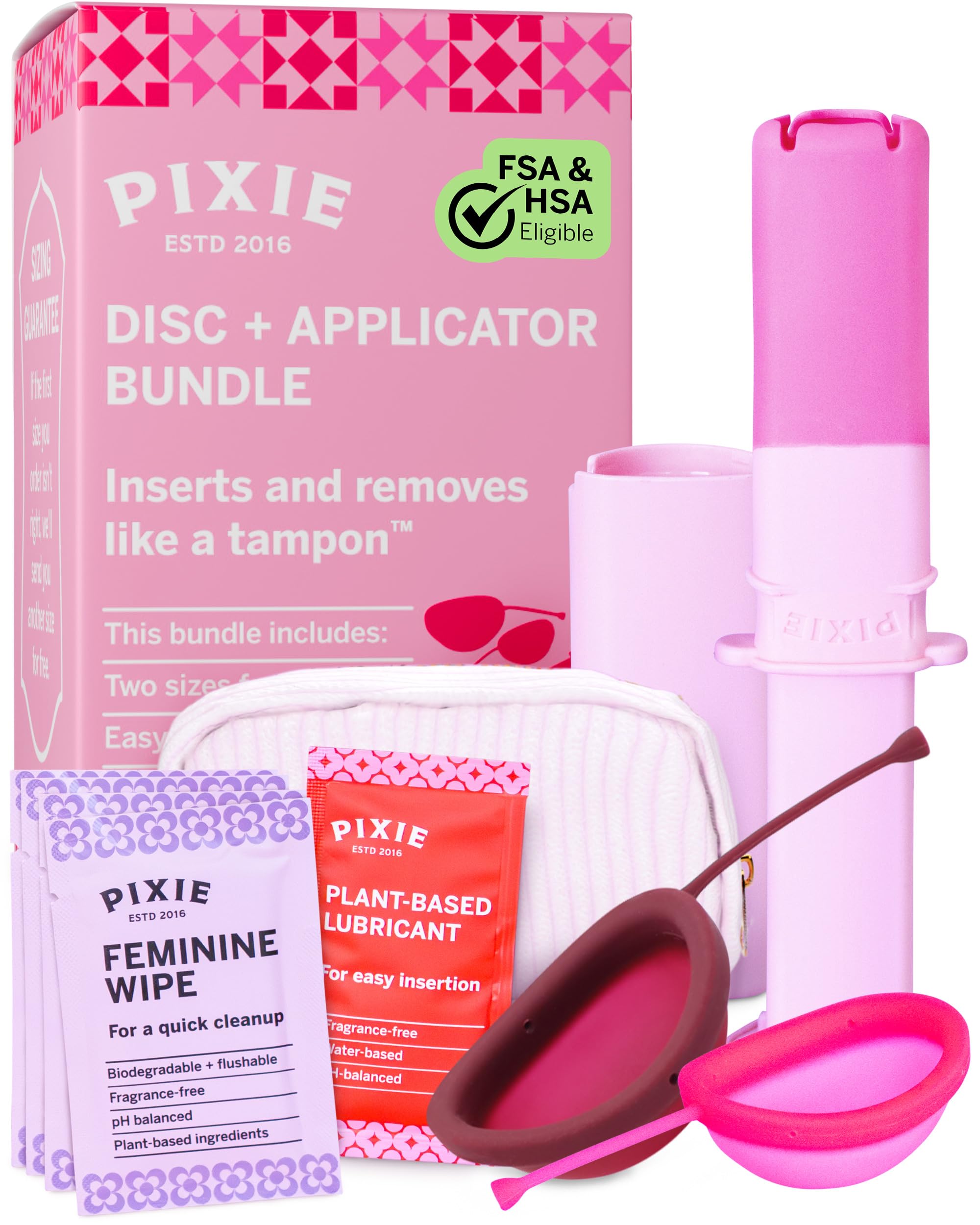 Pixie Cup vista frontal del pack mostrando disco y aplicador, comodidad segura