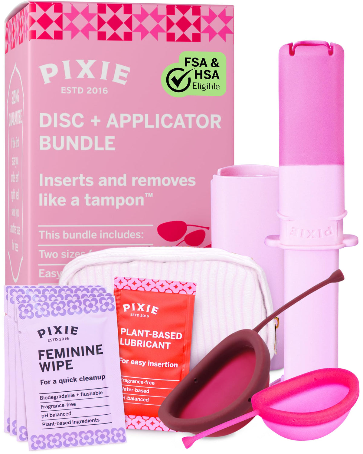 Pixie Cup vista frontal del pack mostrando disco y aplicador, comodidad segura