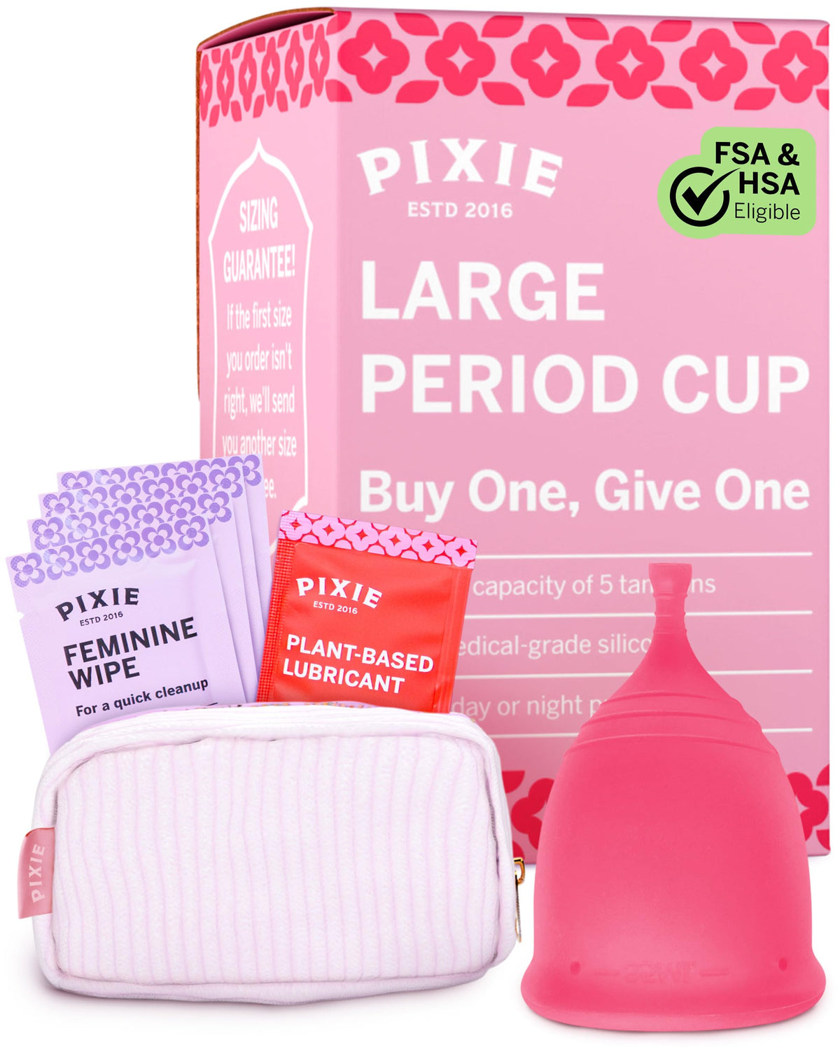 Pixie Cup vista frontal del empaque y beneficios sostenibles
