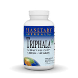 Planetary Herbals frente del envase Triphala mostrando etiqueta y cantidad 180 tabletas, beneficio de almacenamiento prolongado