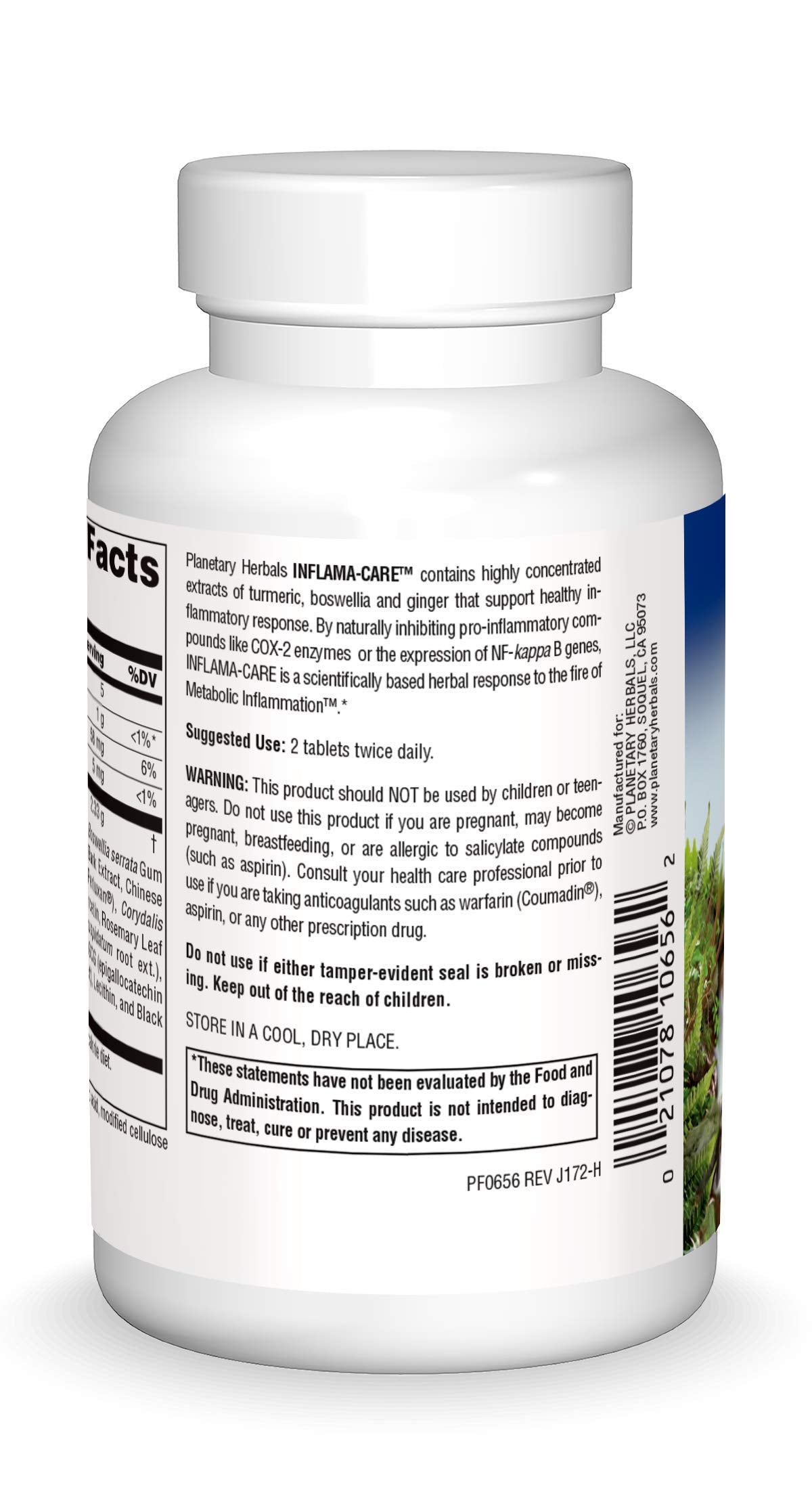 Primer plano de tabletas de Inflama-Care mostrando textura y forma de Planetary Herbals