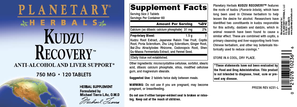 Planetary Herbals etiqueta con información de ingredientes y beneficio de calidad cGMP