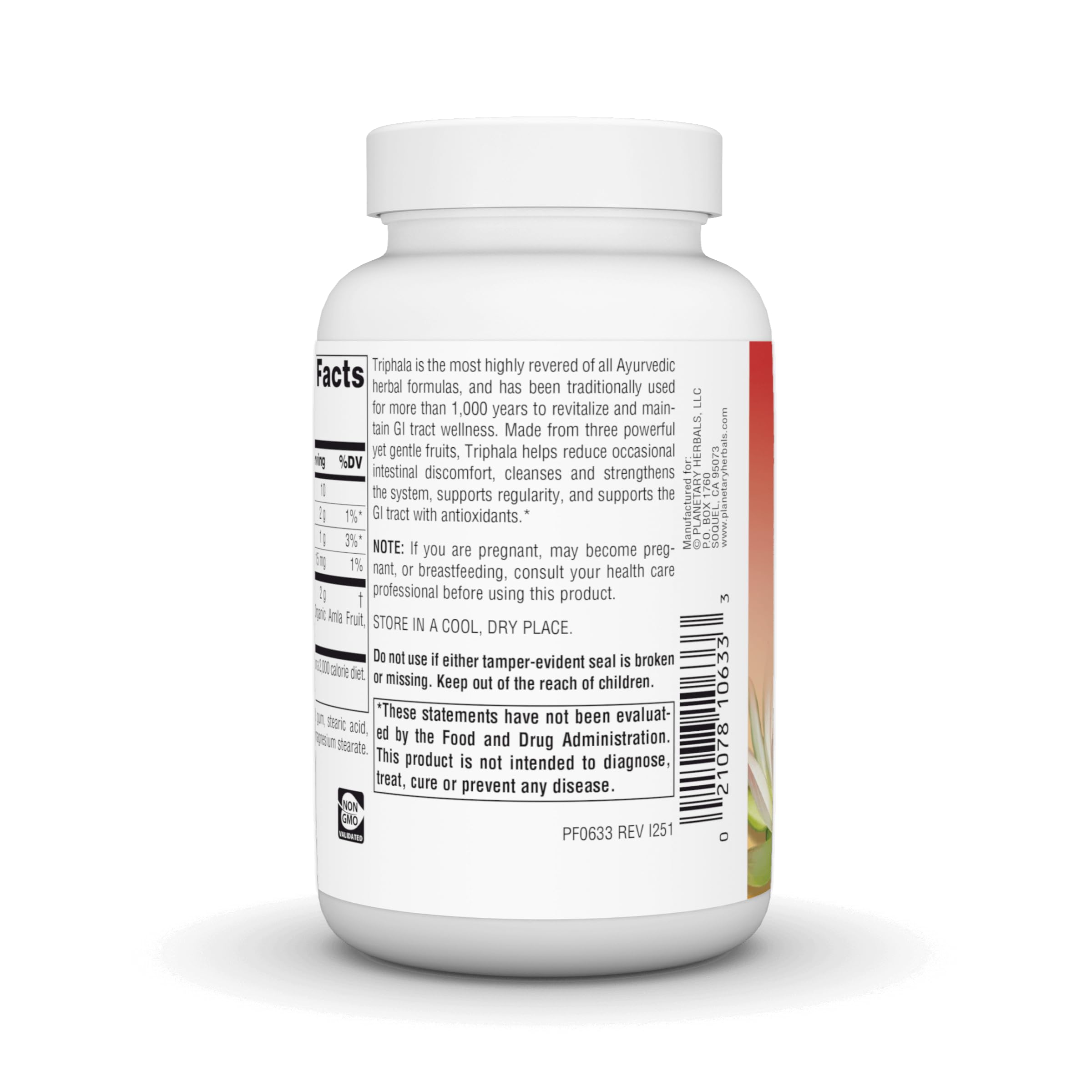 Planetary Herbals etiqueta nutricional de Triphala Gold destacando ingredientes y calidad