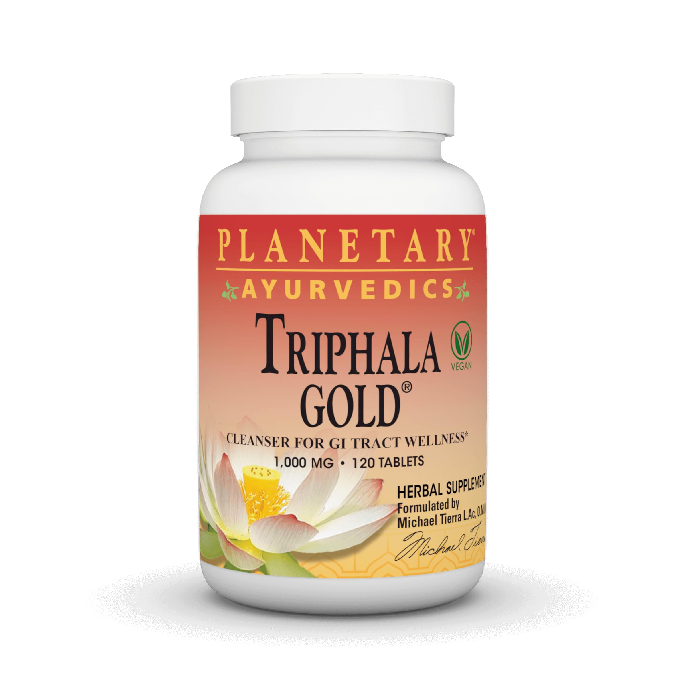 Planetary Herbals frasco frontal mostrando Triphala Gold 120 tabletas y conveniencia