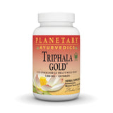 Planetary Herbals frasco frontal mostrando Triphala Gold 120 tabletas y conveniencia