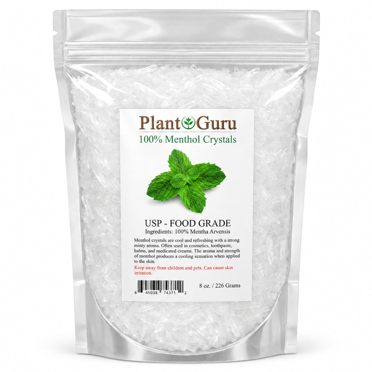 Plant Guru envase frontal de cristales de mentol, visiblemente puro y profesional
