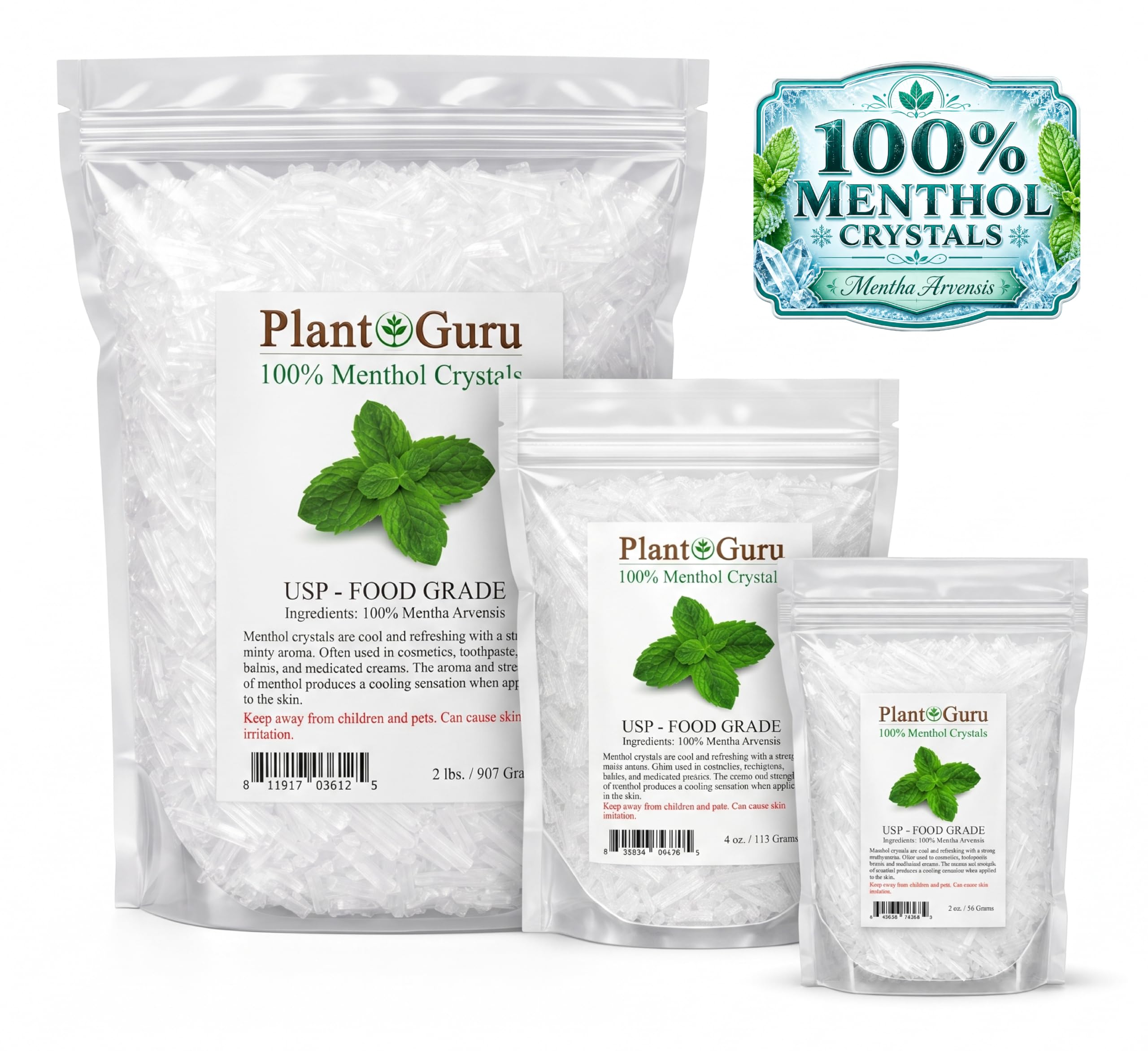 Plant Guru etiqueta con información del producto y grados USP legibles