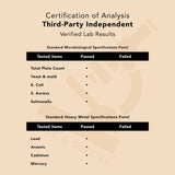 PLANT.O NUTRITION etiqueta del producto mostrando lista de ingredientes y pruebas