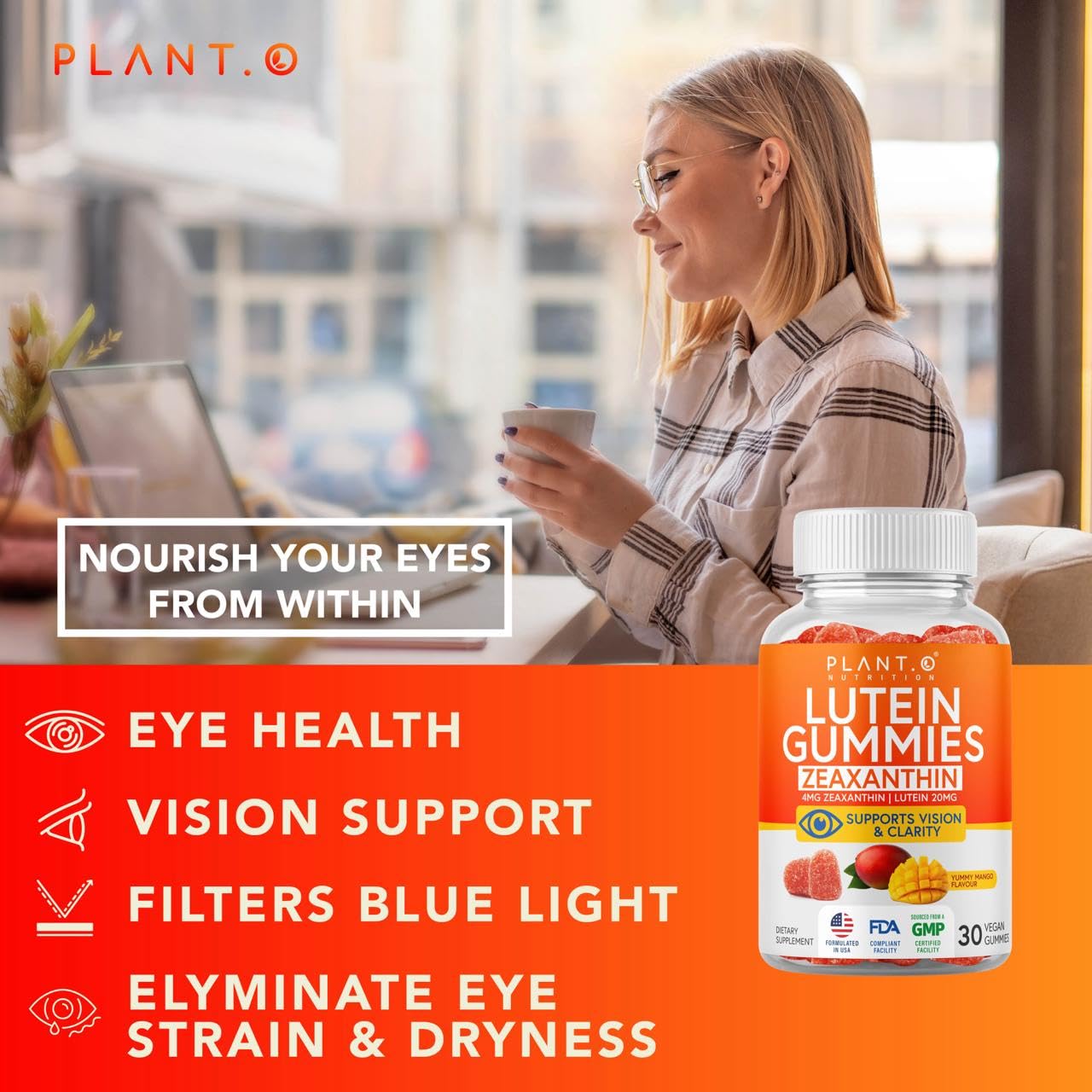 PLANT.O NUTRITION gomitas junto a laptop para aliviar fatiga visual