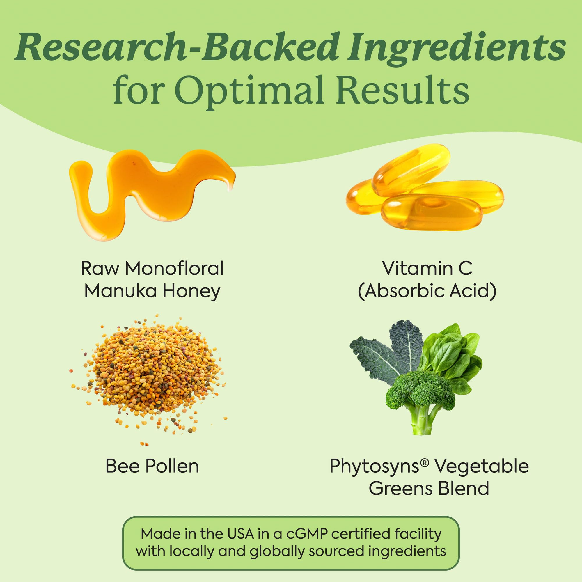 Plant People ingredientes principales: Manuka, polen y supergreens naturales