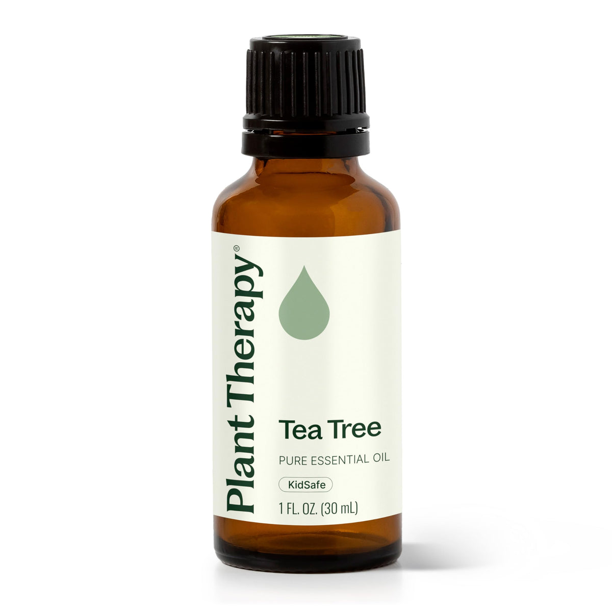 Plant Therapy frasco de árbol de té 30 mL mostrando etiqueta clara y beneficio de pureza