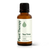 Plant Therapy frasco de árbol de té 30 mL mostrando etiqueta clara y beneficio de pureza