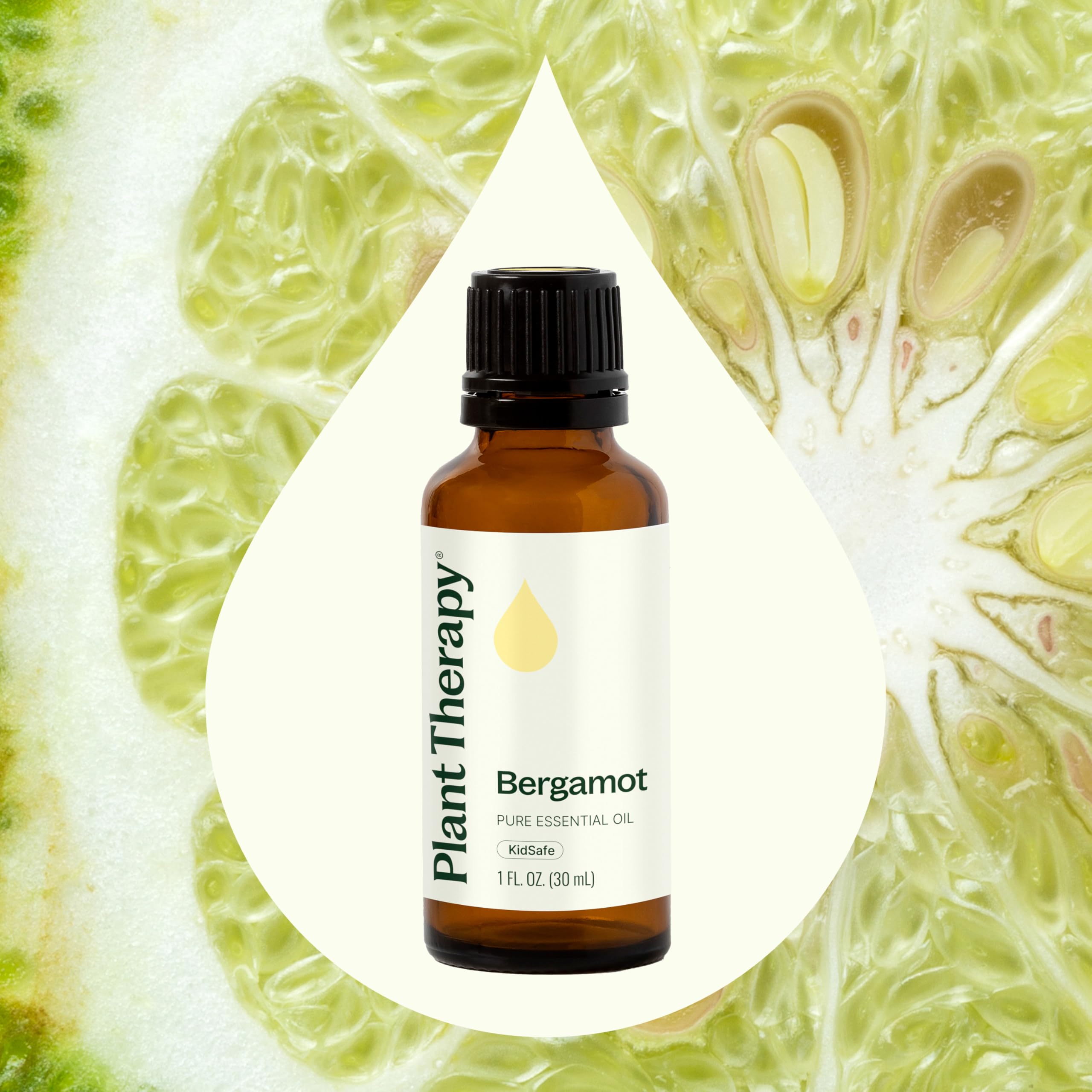 Plant Therapy gotas de bergamota en superficie que muestran viscosidad