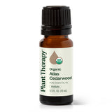 Plant Therapy frente de botella Cedro Atlas mostrando etiqueta y tamaño 10 mL, garantía de pureza