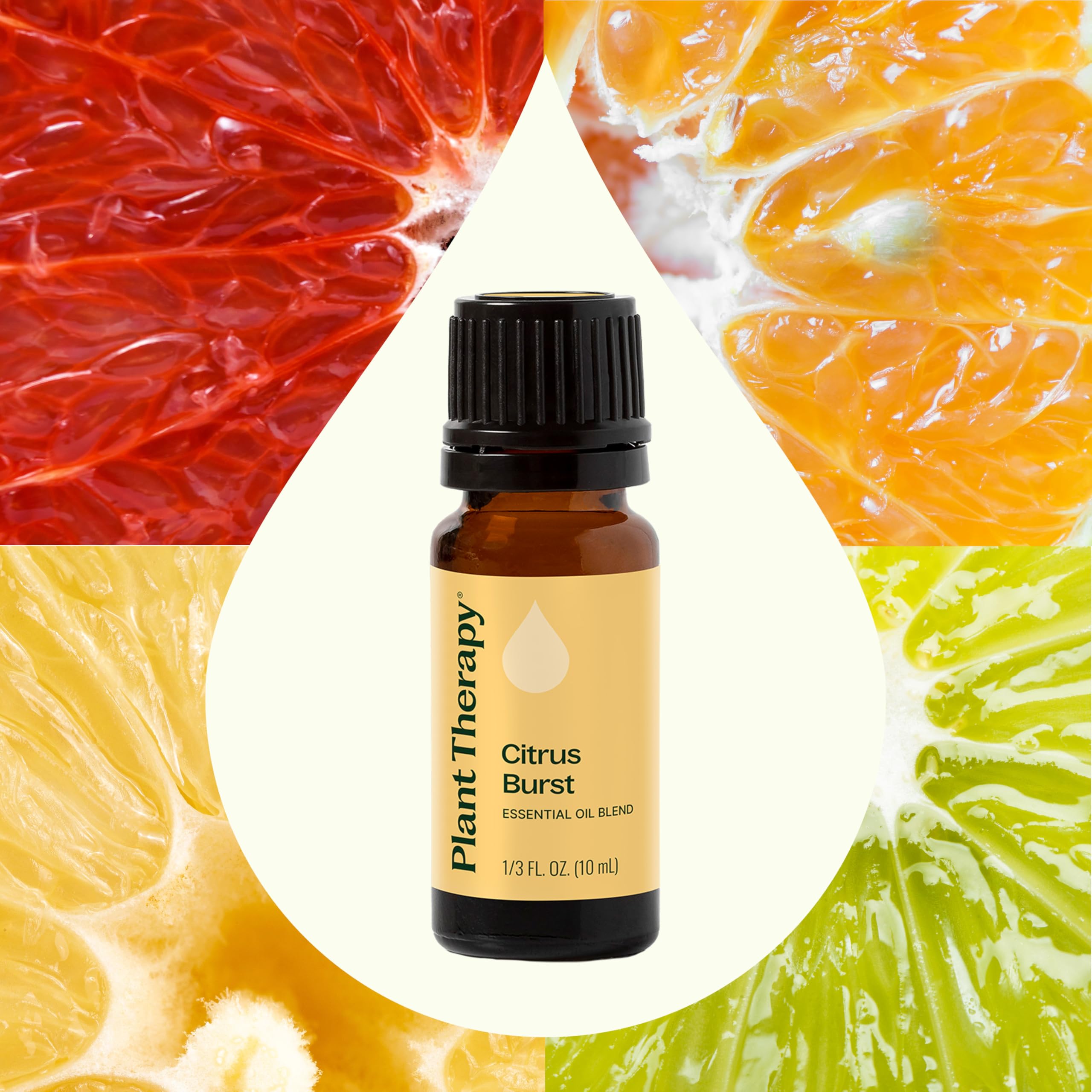 Plant Therapy gota de Citrus Burst sobre superficie resaltando pureza