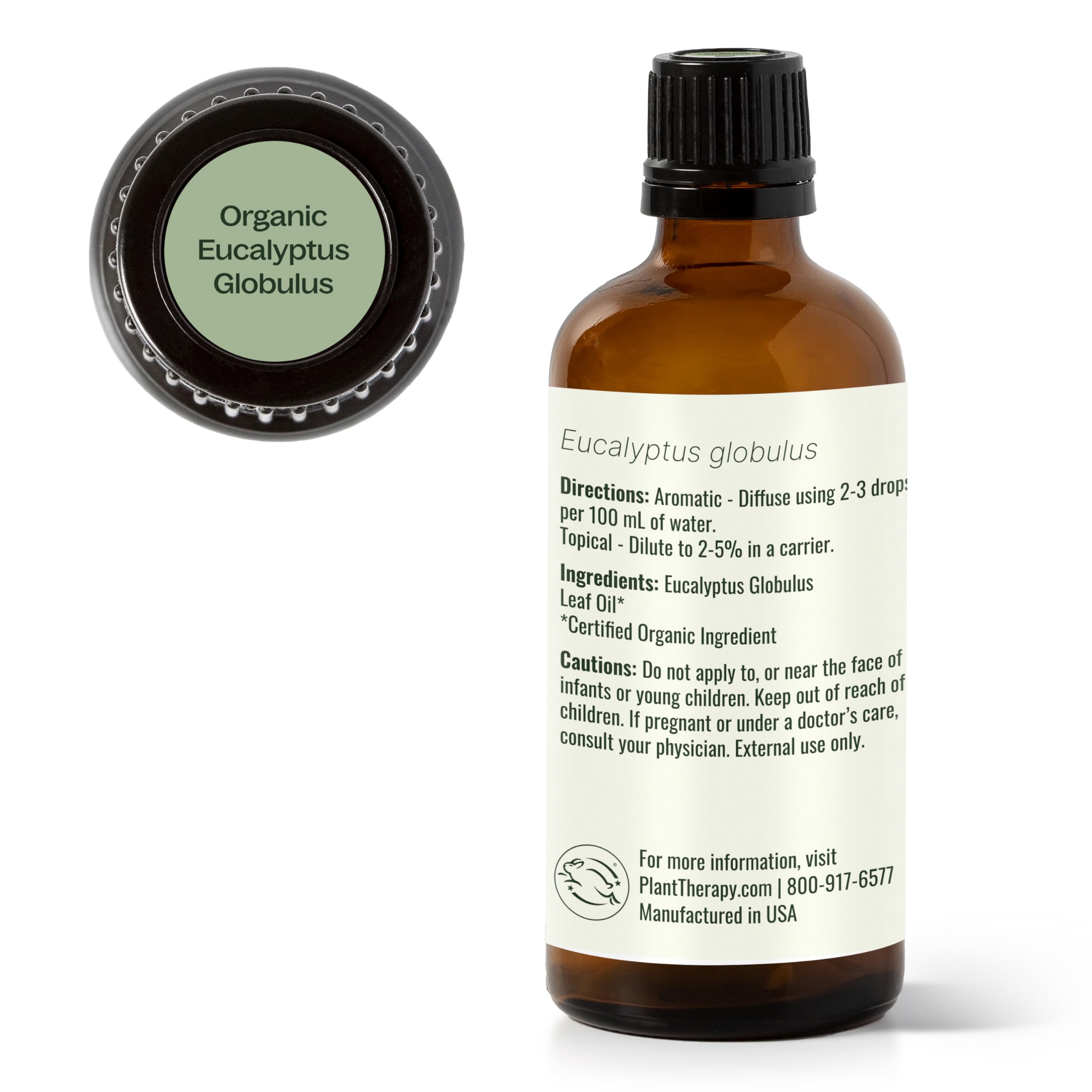 Plant Therapy eucalipto embalaje sostenible listando pruebas de calidad externas