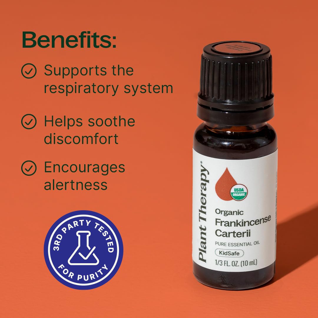 Plant Therapy etiqueta orgánica USDA del frankincense resaltando certificación