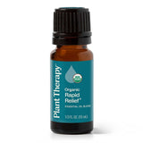 Plant Therapy frasco frontal Organic Rapid Relief mostrando pureza y confianza