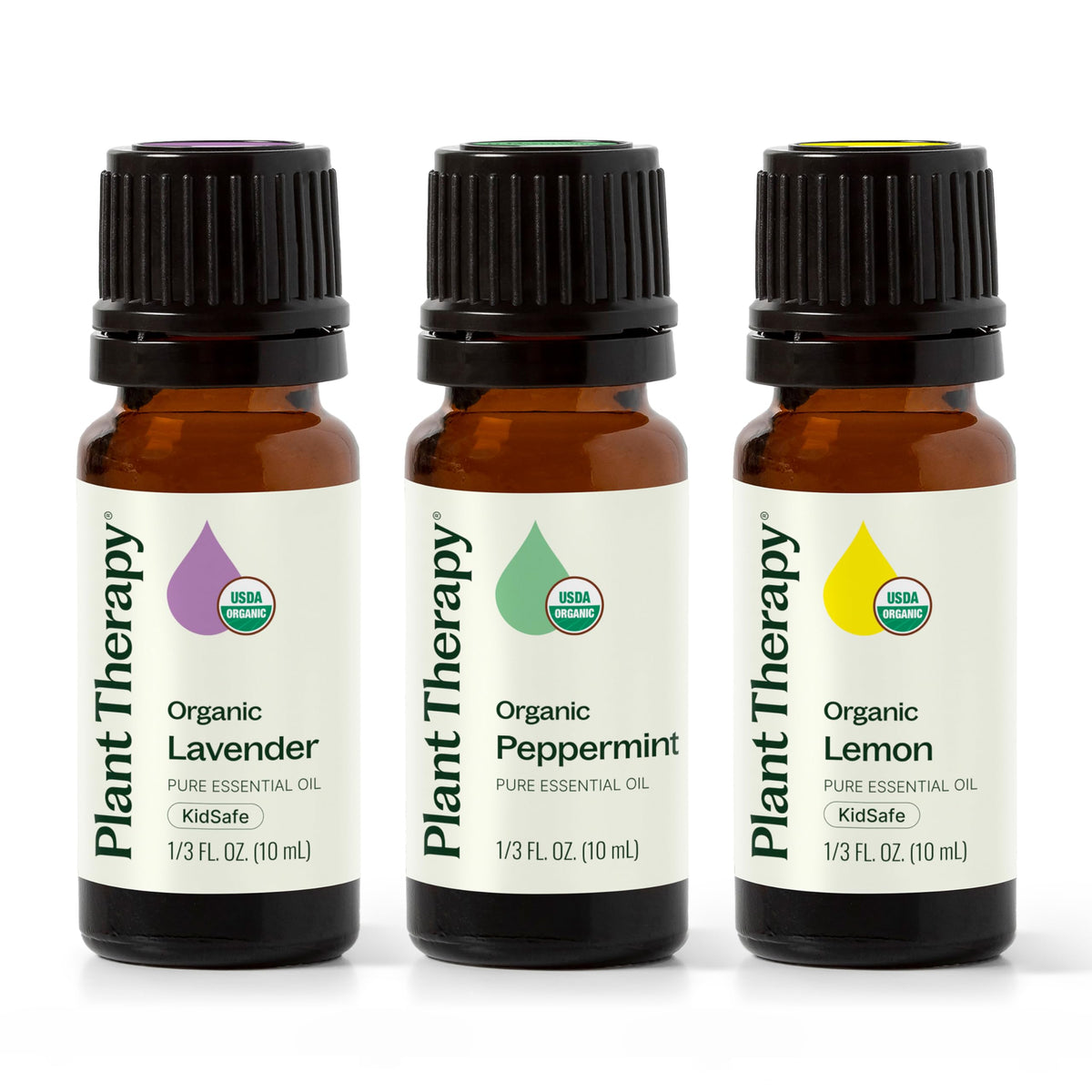 Plant Therapy frascos frente mostrando las tres botellas y beneficios aromáticos
