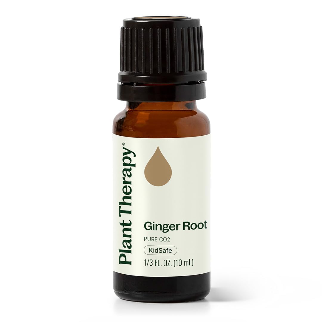 Plant Therapy botella frontal de aceite de jengibre CO2 mostrando etiqueta clara y volumen