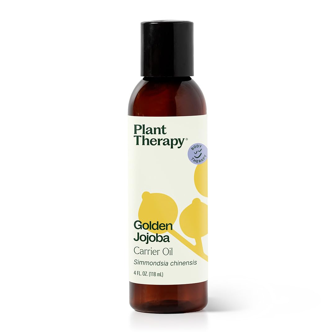 Plant Therapy botella frontal de jojoba 4 oz mostrando el envase y beneficio hidratante
