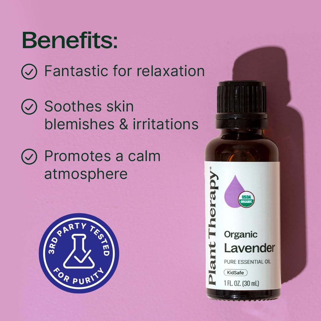 Plant Therapy frasco abierto de lavanda con gotas, textura pura y calidad