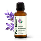 Plant Therapy frasco frontal de lavanda orgánica mostrando etiqueta y tamaño