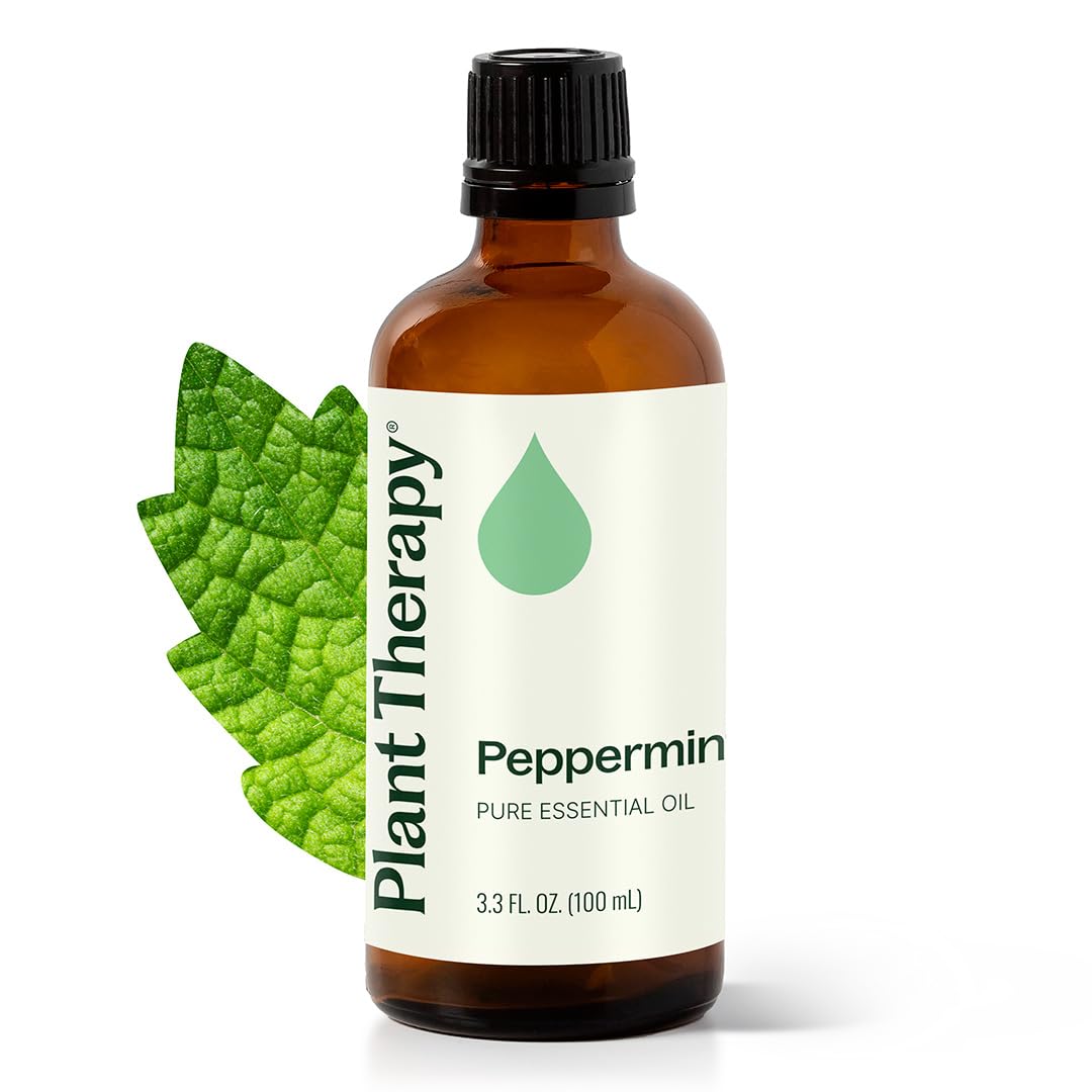Plant Therapy botella frontal de menta mostrando envase y beneficio de pureza
