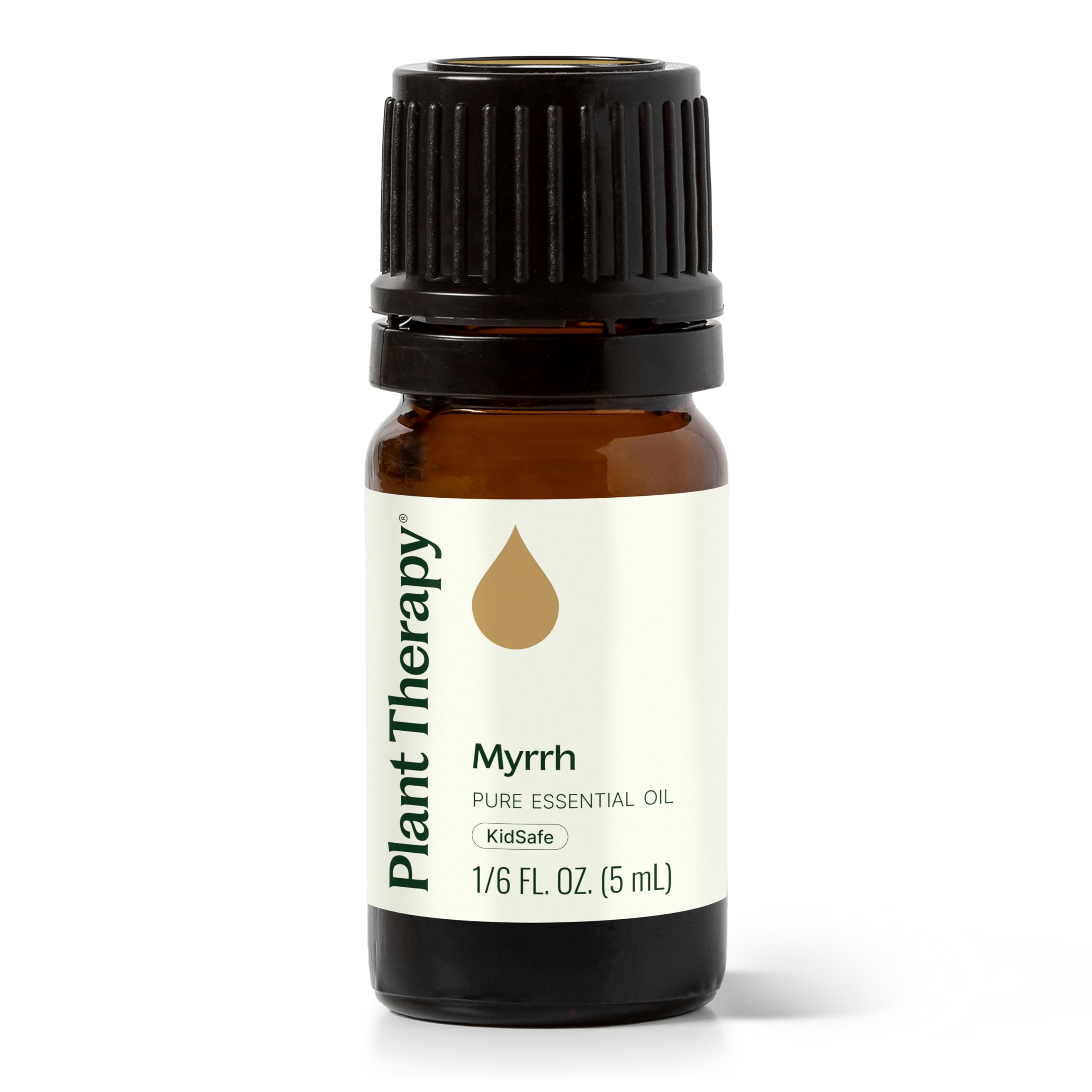 Plant Therapy frasco de Mirra 5 mL mostrando el frente y el tapón, ideal para aromaterapia