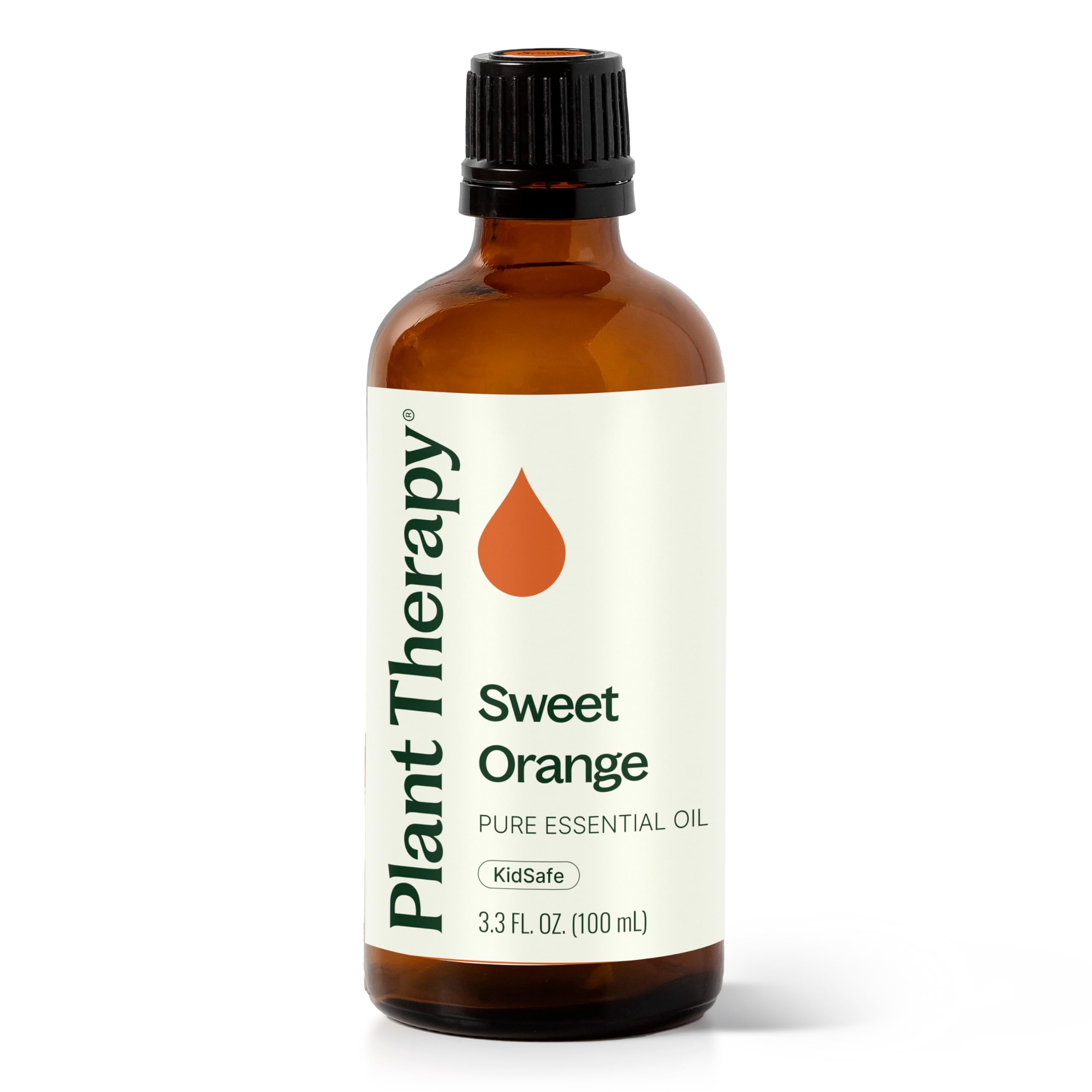 Plant Therapy frasco frontal de naranja dulce mostrando etiqueta y volumen beneficios aromatizantes