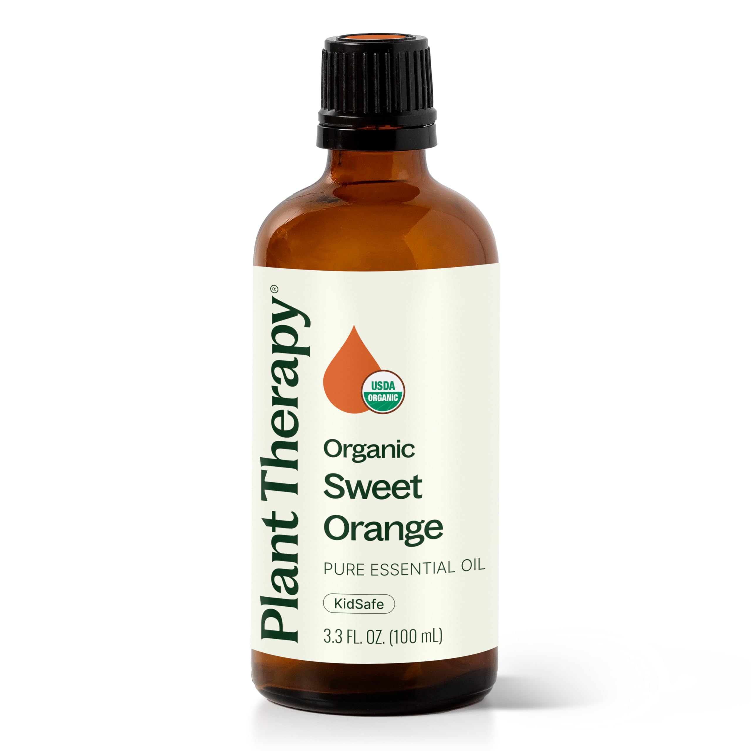 Plant Therapy botella frontal de Naranja Dulce mostrando tamaño y etiqueta beneficiosa