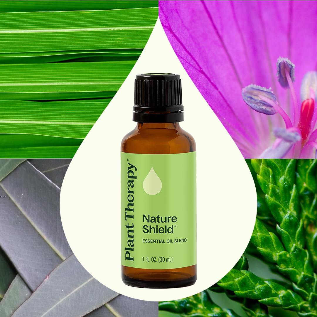 Plant Therapy gota de Nature Shield en piel artificial, muestra textura y pureza