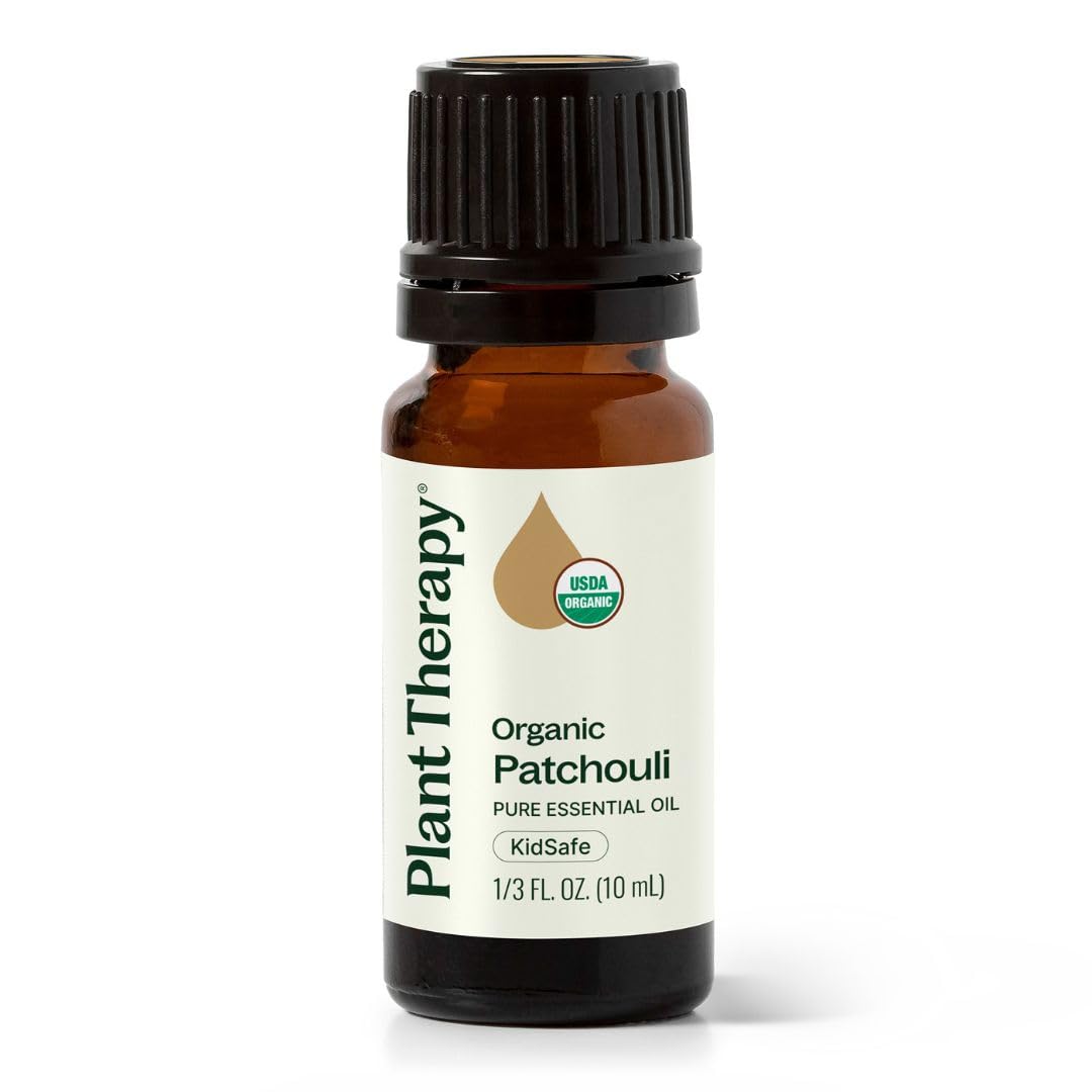Plant Therapy frasco frontal de pachulí orgánico con diseño claro y beneficio de pureza