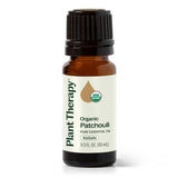 Plant Therapy frasco frontal de pachulí orgánico con diseño claro y beneficio de pureza