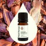 Plant Therapy y virutas de madera mostrando origen de sándalo y aroma