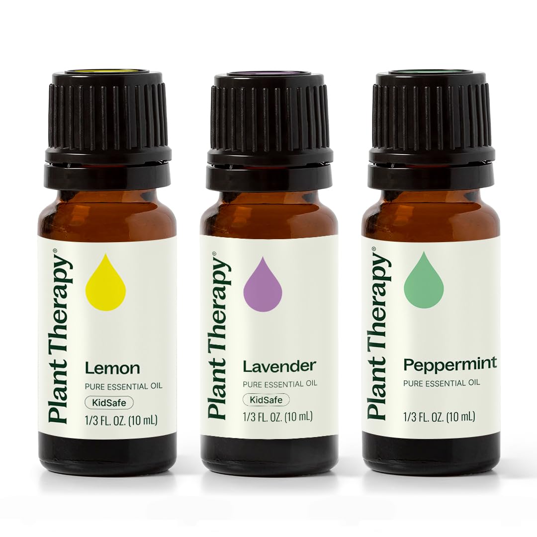 Plant Therapy frascos frontales del set mostrando 3 aceites para uso versátil