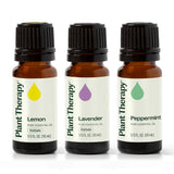 Plant Therapy frascos frontales del set mostrando 3 aceites para uso versátil