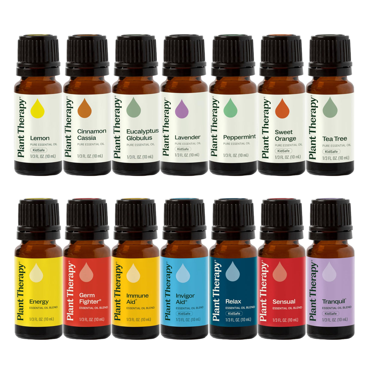 Plant Therapy set frontal mostrando 14 frascos, ideal para iniciar en aromaterapia