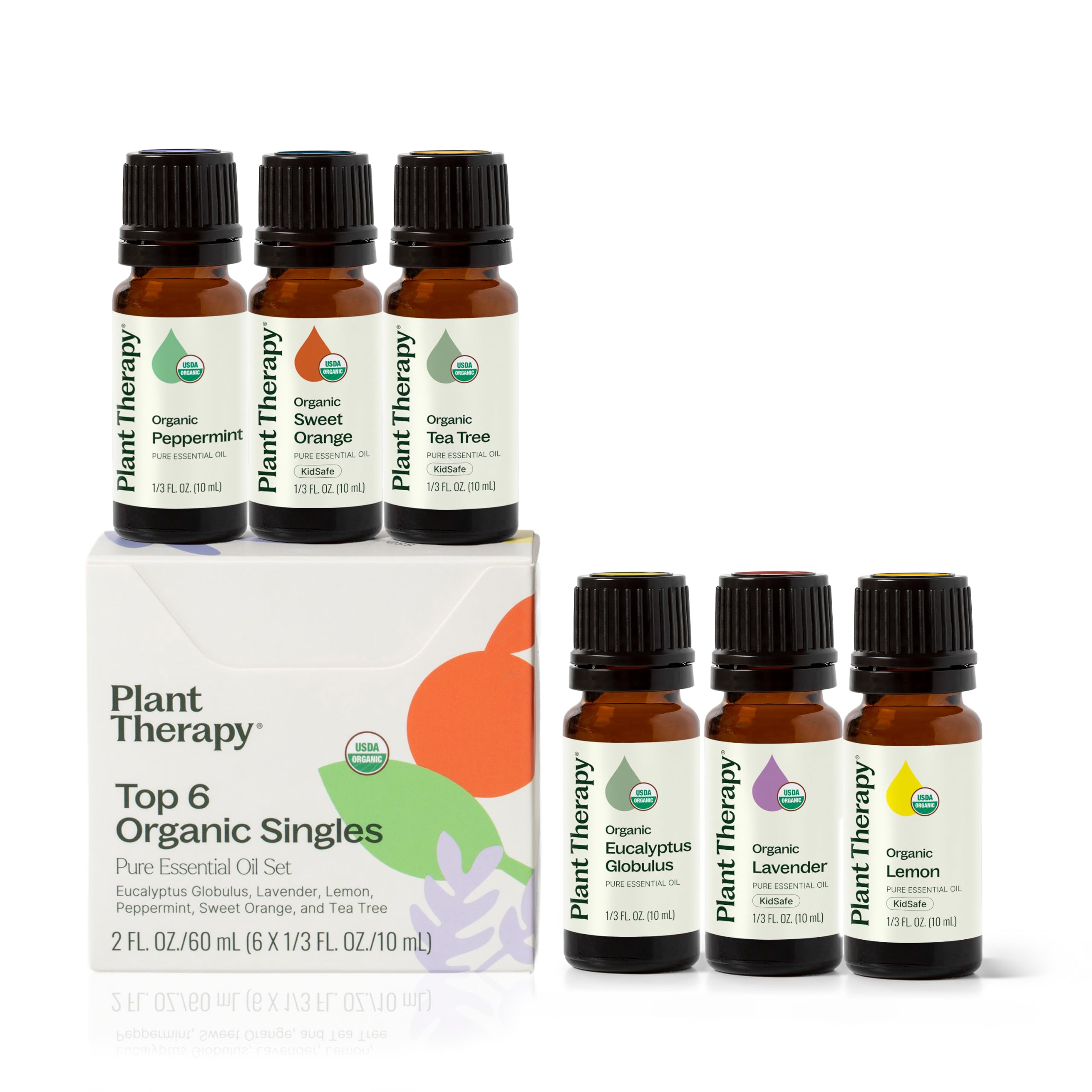 Plant Therapy set frontal mostrando las seis botellas, opción orgánica certificada