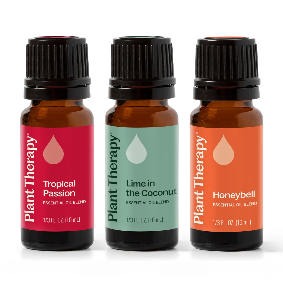 Plant Therapy set frontal con tres botellas mostrando beneficios aromáticos