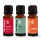 Plant Therapy set frontal con tres botellas mostrando beneficios aromáticos
