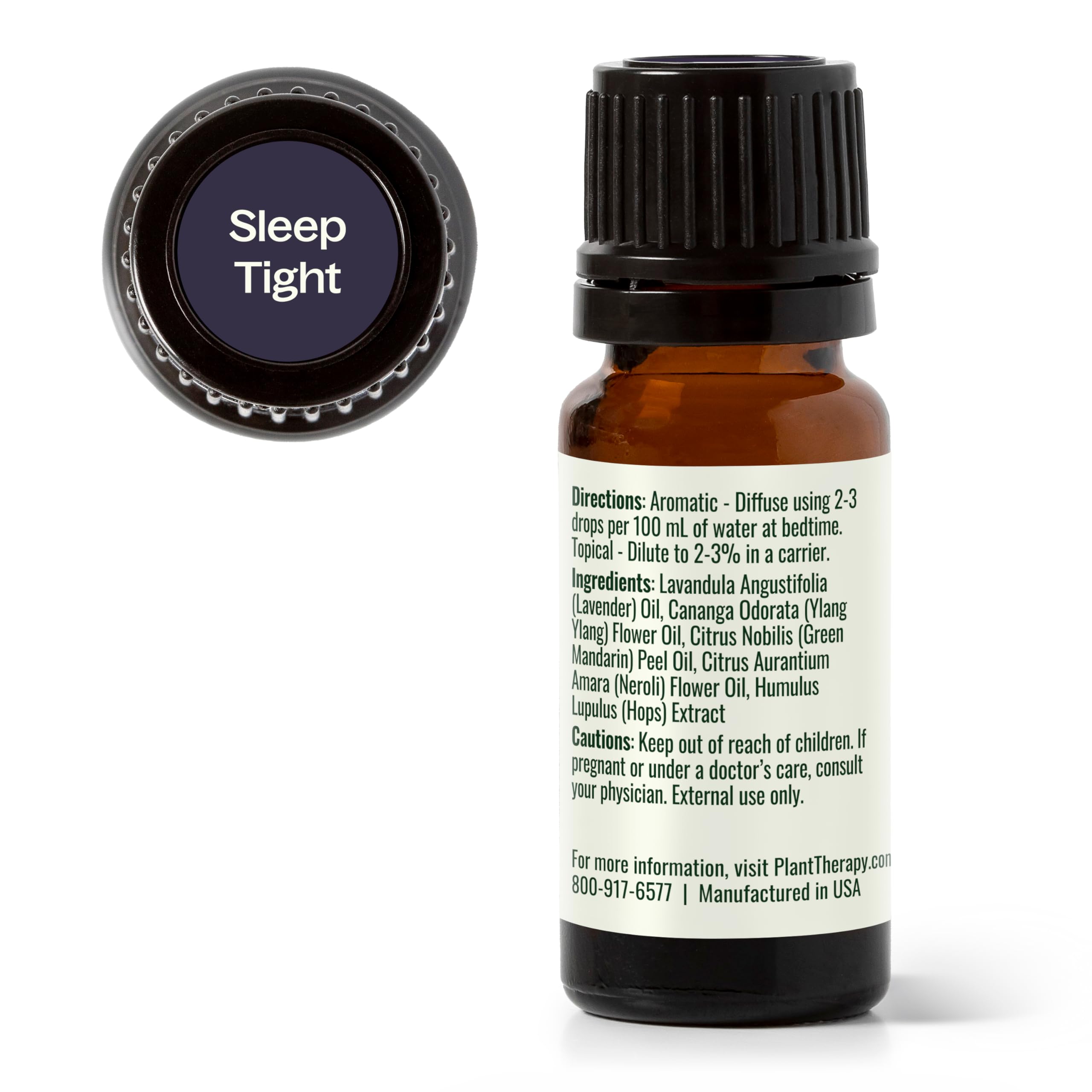 Plant Therapy frasco Sleep Tight junto a moneda para comparar tamaño 10 ml