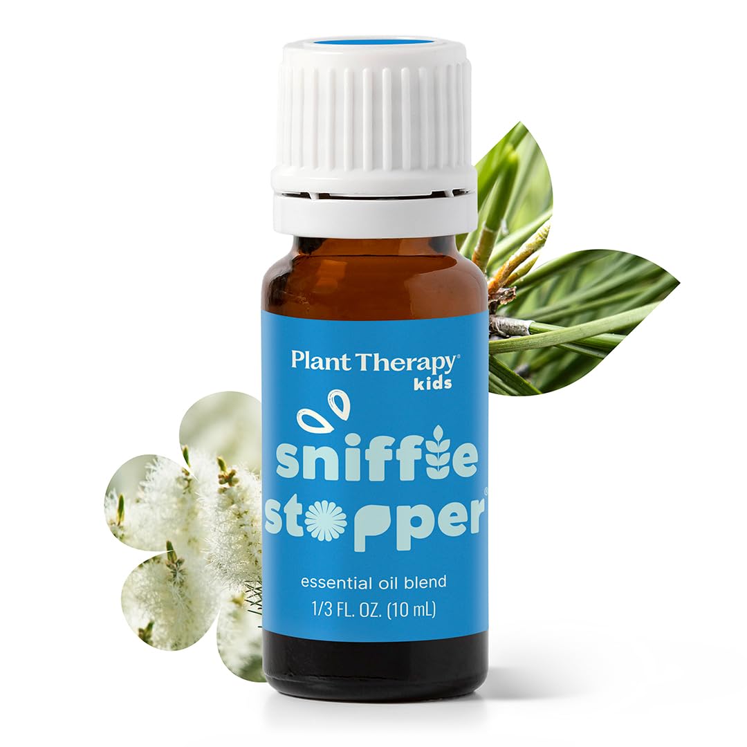 Plant Therapy botella frontal mostrando Sniffle Stopper y sus beneficios