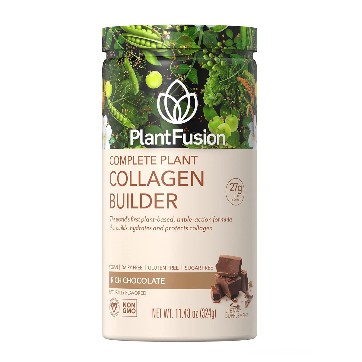 PlantFusion frasco frente mostrando colágeno vegetal, útil para elegir producto