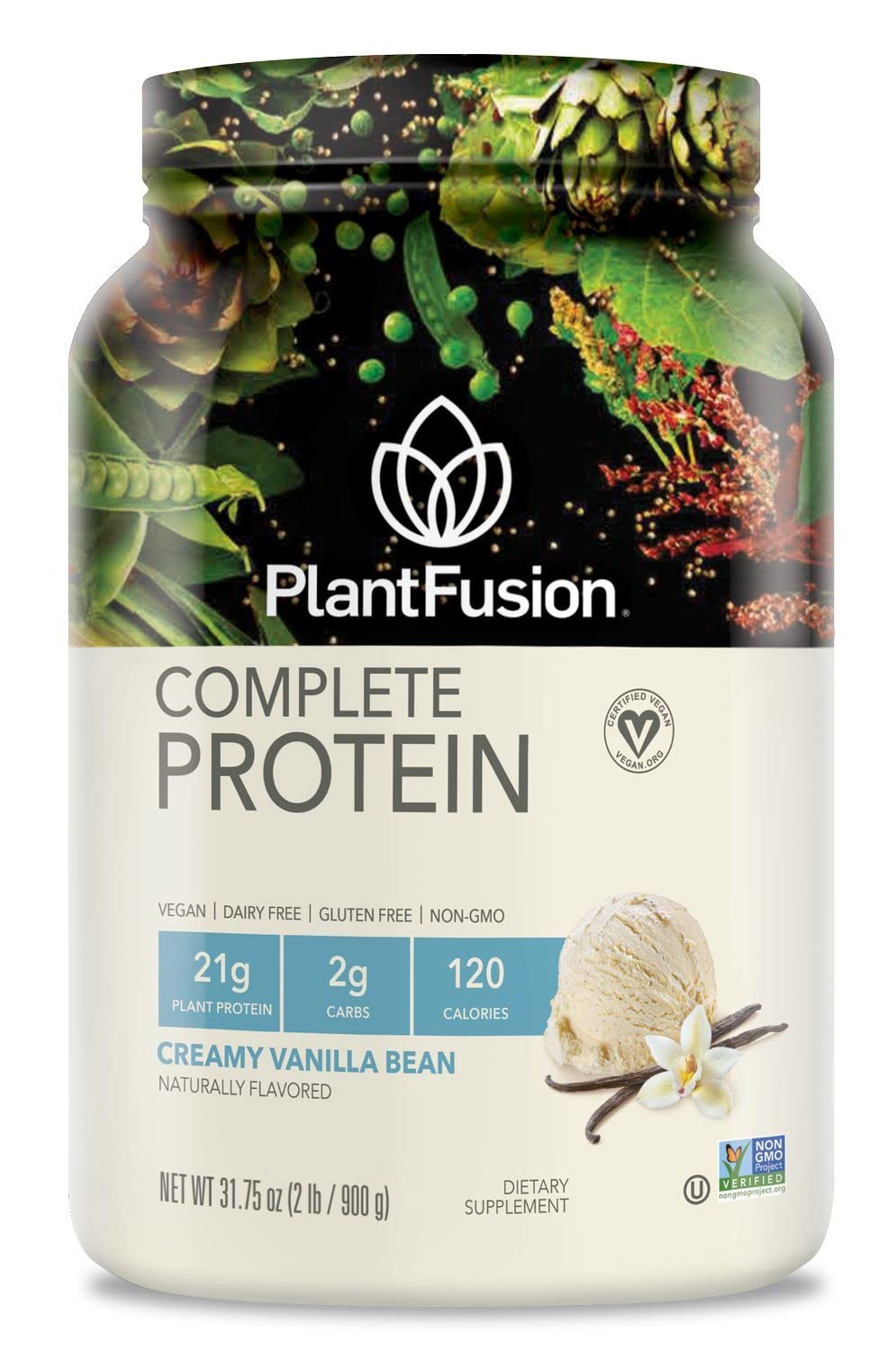 PlantFusion empaque frontal vainilla bean mostrando etiqueta y beneficio proteico