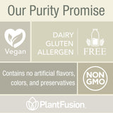 PlantFusion etiqueta con ingredientes y sellos, transparencia de la fórmula