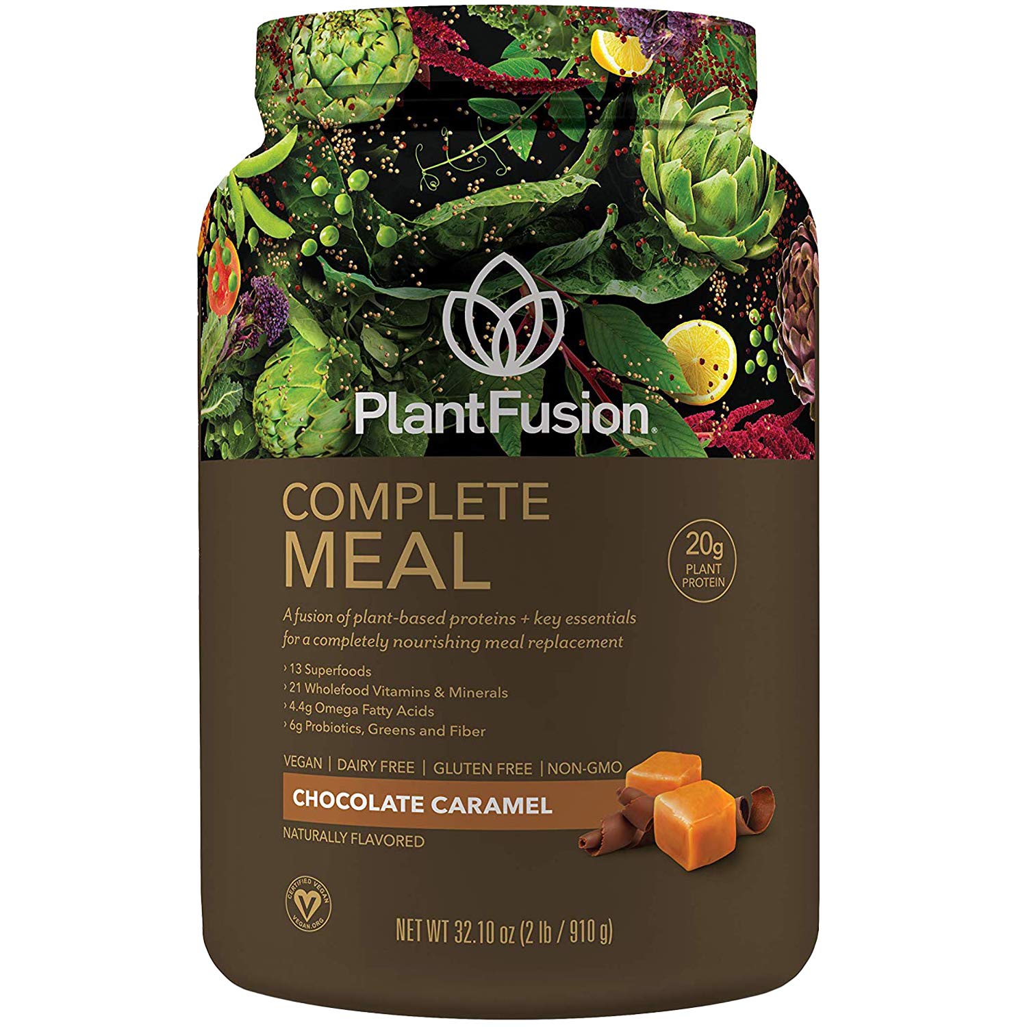 PlantFusion empaque frontal Chocolate Caramel mostrando tamaño y beneficios