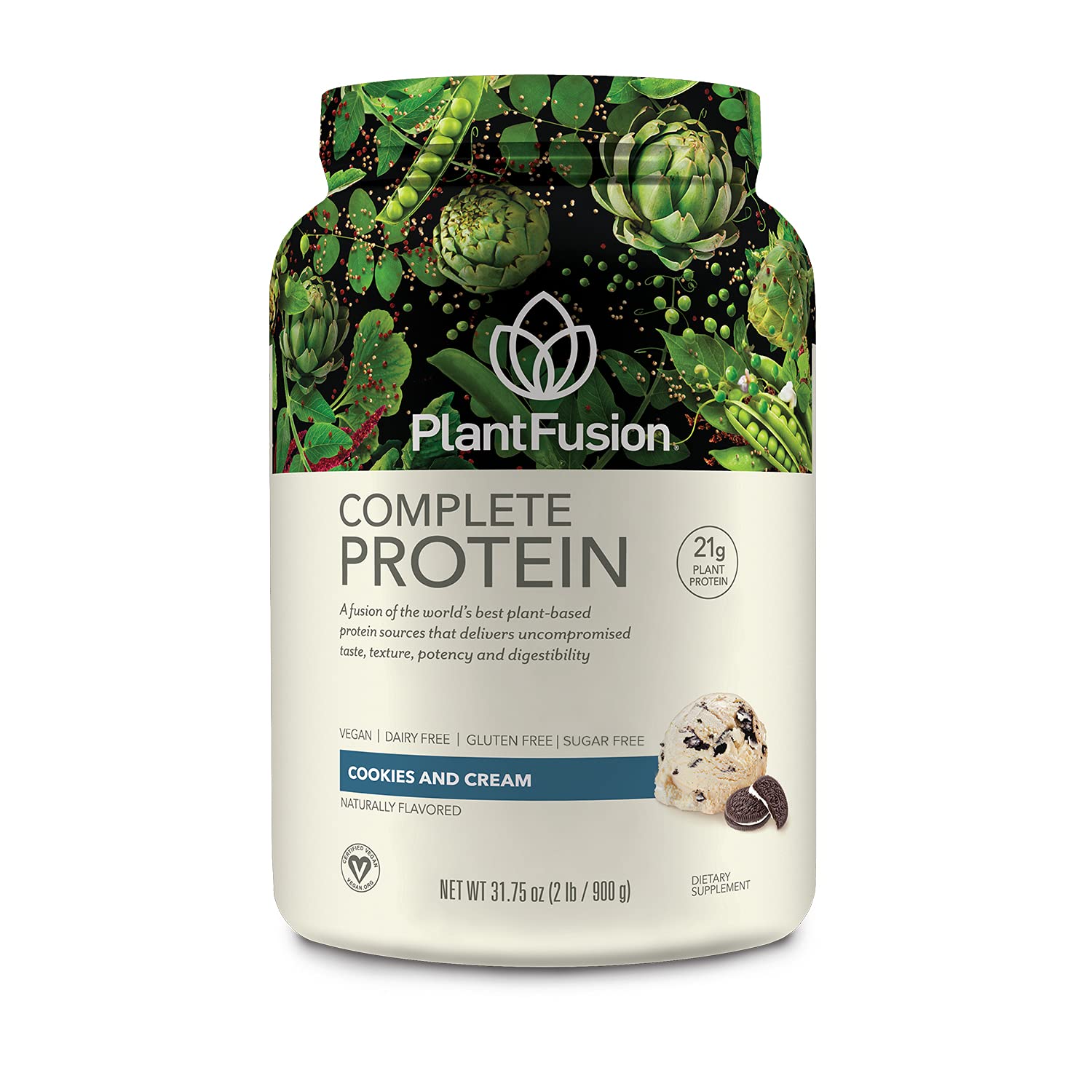 PlantFusion envase frontal cookies & cream mostrando sabor y tamaño